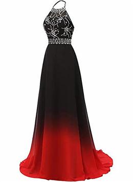 Picture of Red Color and Black Color Halter Beaded Chiffon Party Dresses, A-line Gradient Evening Dresses